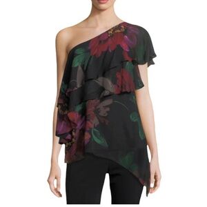 Trina Turk Black Floral One-Shoulder Blouse